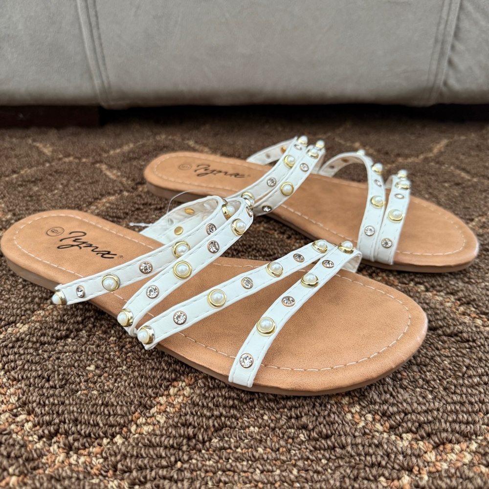 NEW White Multistrap Rhinestone and Pearl Strappy Slide Sandals